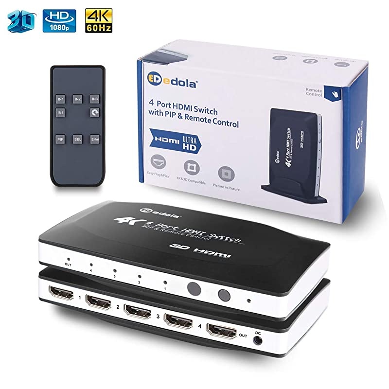 4 Port HDMI Switch,  4x1 HDMI Switch Hub Port 4 in 1 Out Vertical HDMI Switcher with PIP and IR Wireless Remote Control Supports 4K x 2K, 1080P, 3D, Compatible with Xbox/PS4/Apple/Fire TV
