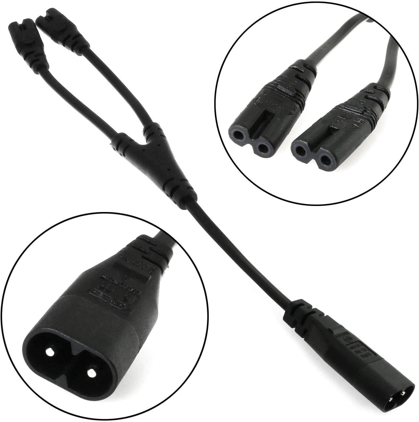 IEC 320 C8 to Dual C7 Y Split Power Cord, Figure 8 Male to Double Female 1-in-2 Out AC Power Cord, IEC320 C8 to 2X C7 Y Split AC Cord (C8 to 2XC7)