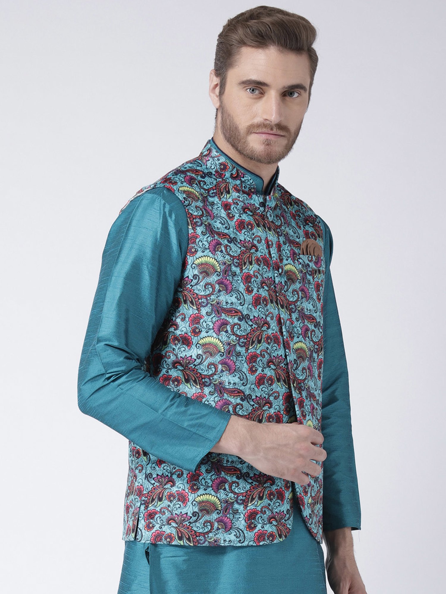 VASTRAMAY Teal Green Regular Fit Printed Nehru Jacket