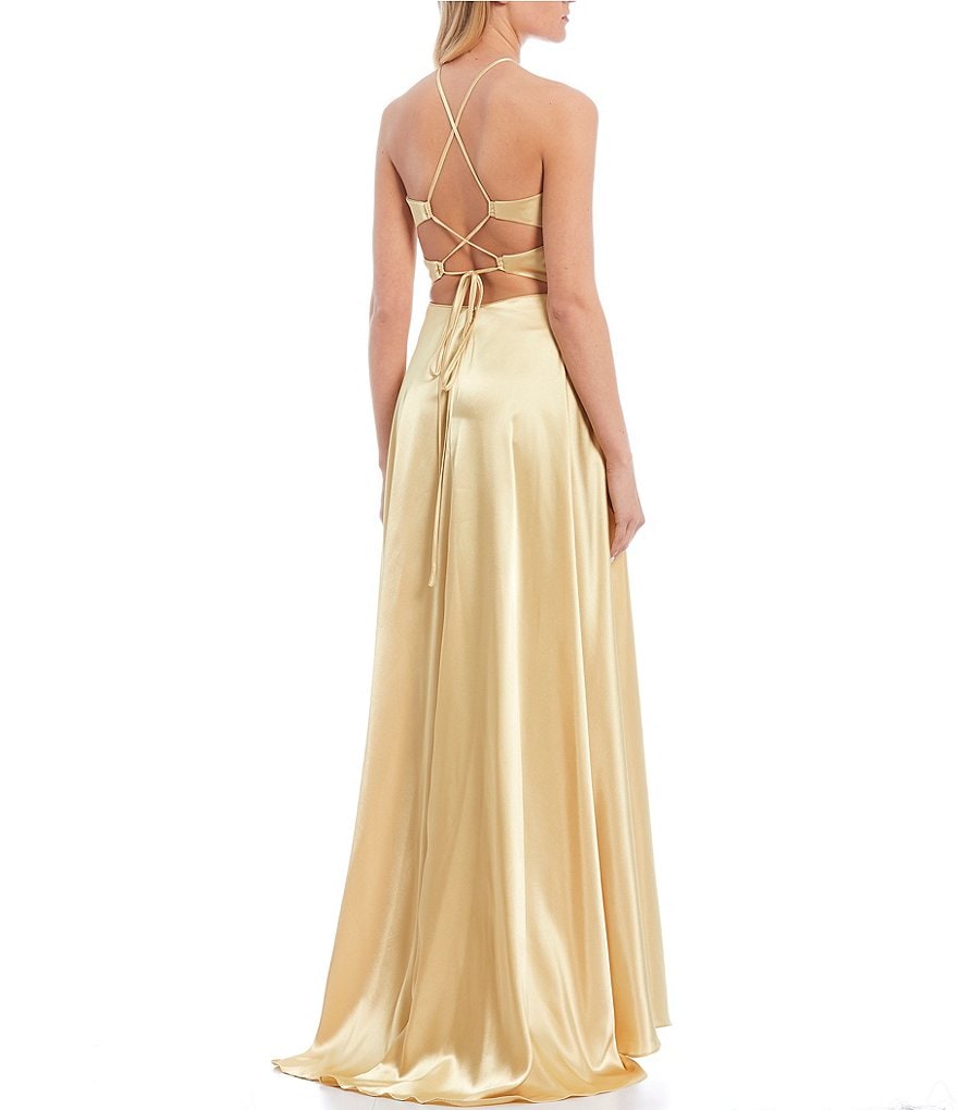 Blondie Nites Halter Neck Lace-Up Back Side Slit Satin Long Dress