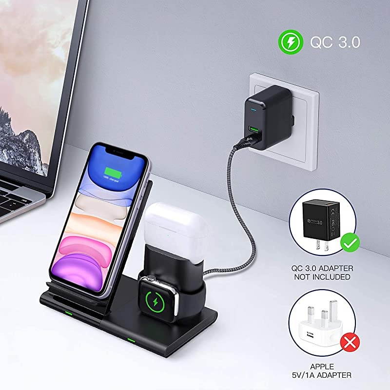 Wireless Charger 3 in 1 Charging Station Dock for Apple Watch Series 6SE5432 Airpods Pro2 75W Qi Fast Wireless Charging Stand for iPhone 11 Pro MaxSE 2020XS MaxXRXSX88 Plus