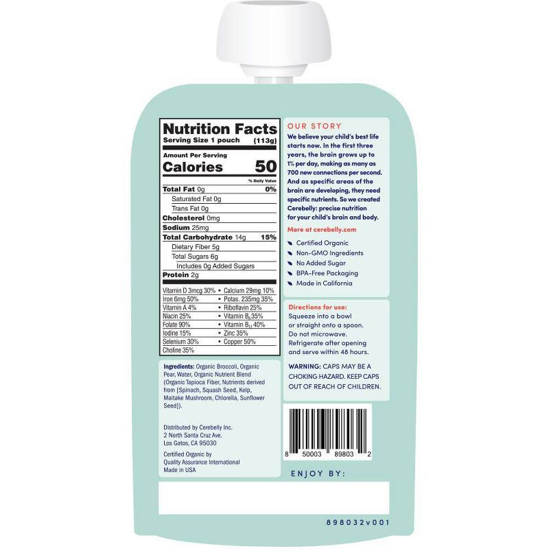 Cerebelly Clean Label Project Purity Award Winning,  Broccoli Pear Organic Baby Food Pouch - 4oz