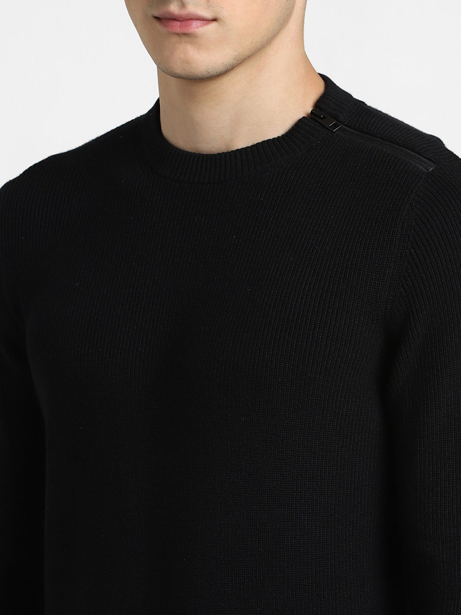 Jack & Jones Black Slim Fit Textured Cotton Sweater