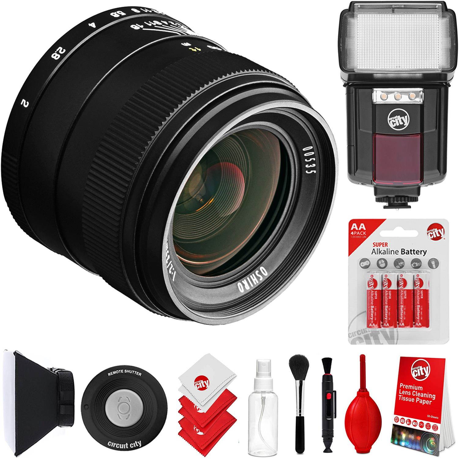 Oshiro 35mm f/2 LD UNC AL Wide Angle Full Frame Prime Lens for Canon EOS Digital SLR Cameras Bundle with Circuit City CC-125 Automatic Universal Flash with LED Video Light and Accessories (5 Items)