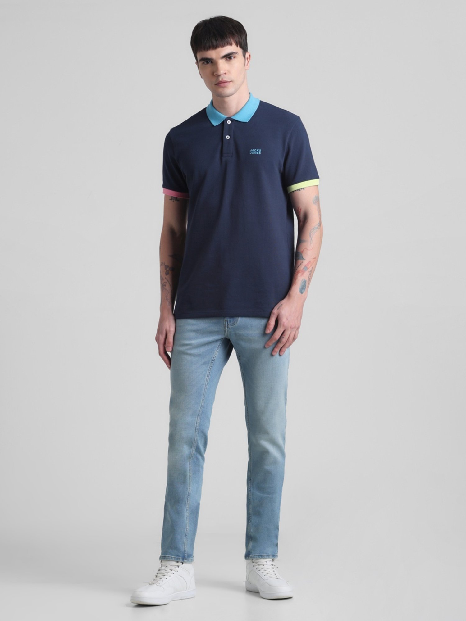 Jack & Jones Blue Indigo Cotton Regular Fit Polo T-Shirt