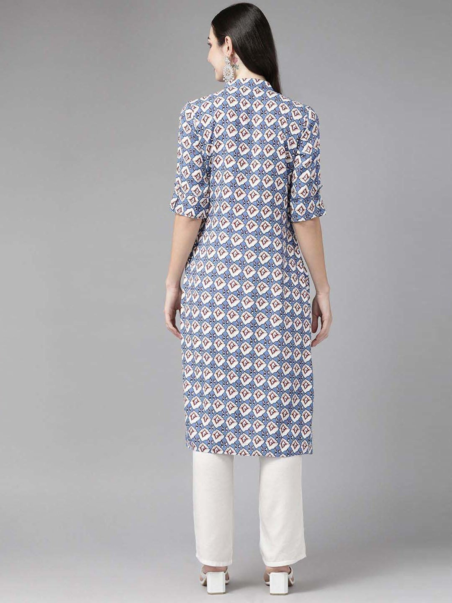 Cayman Blue Cotton Printed Straight Kurta