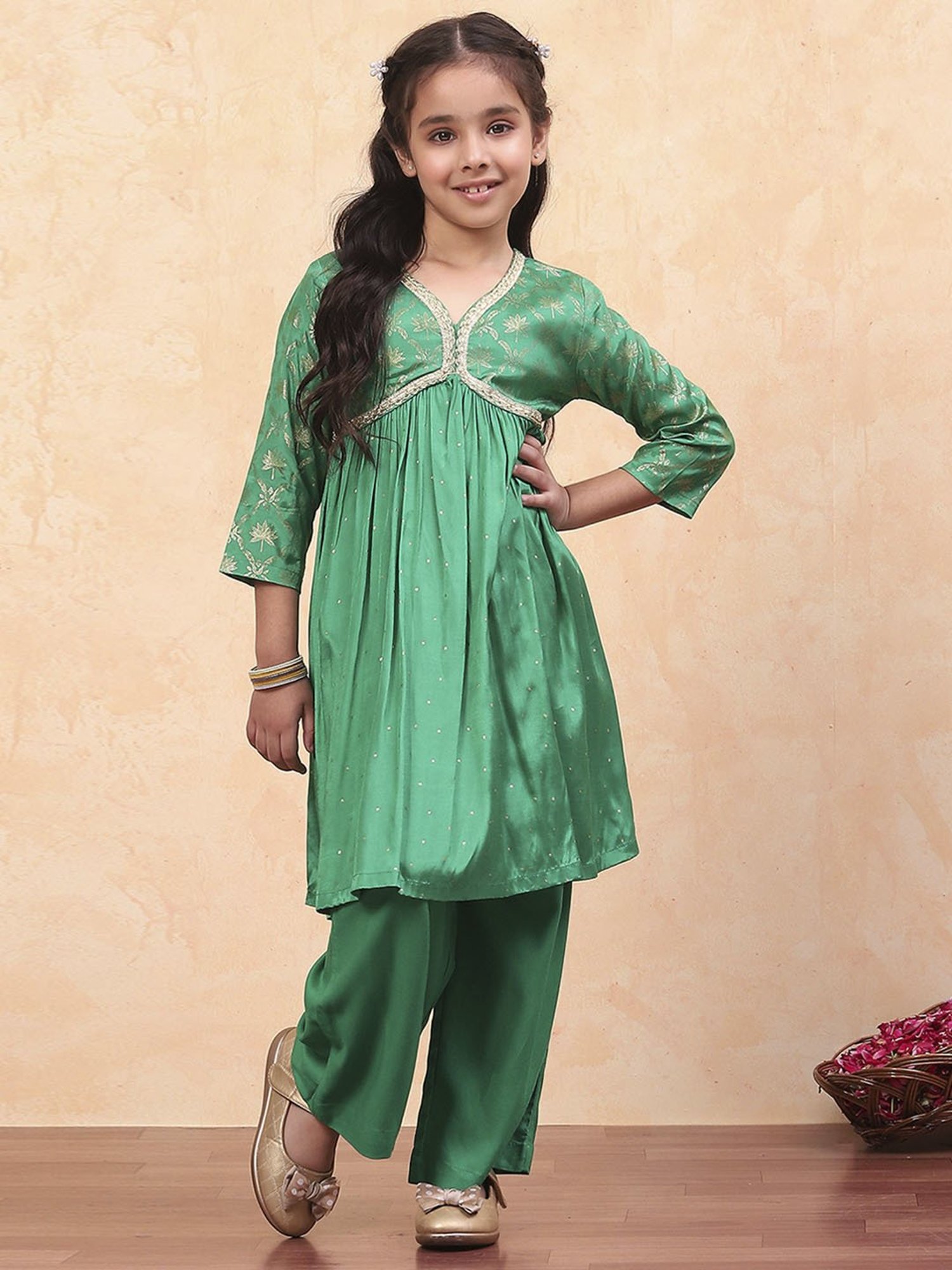 Biba Girls Green Floral Print Suit Sets