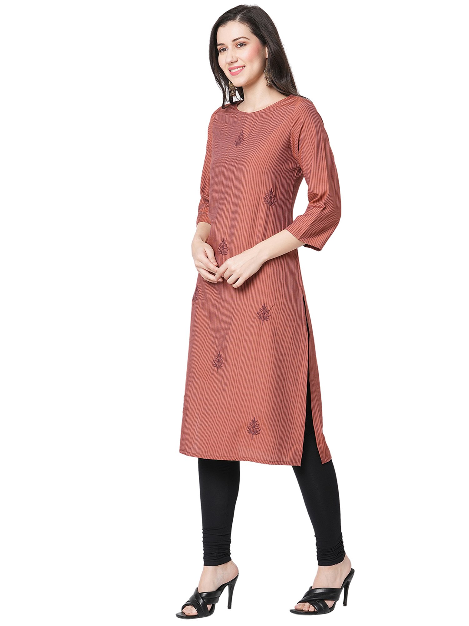 Fusion Beats Brick Red A Line Striped Kurta