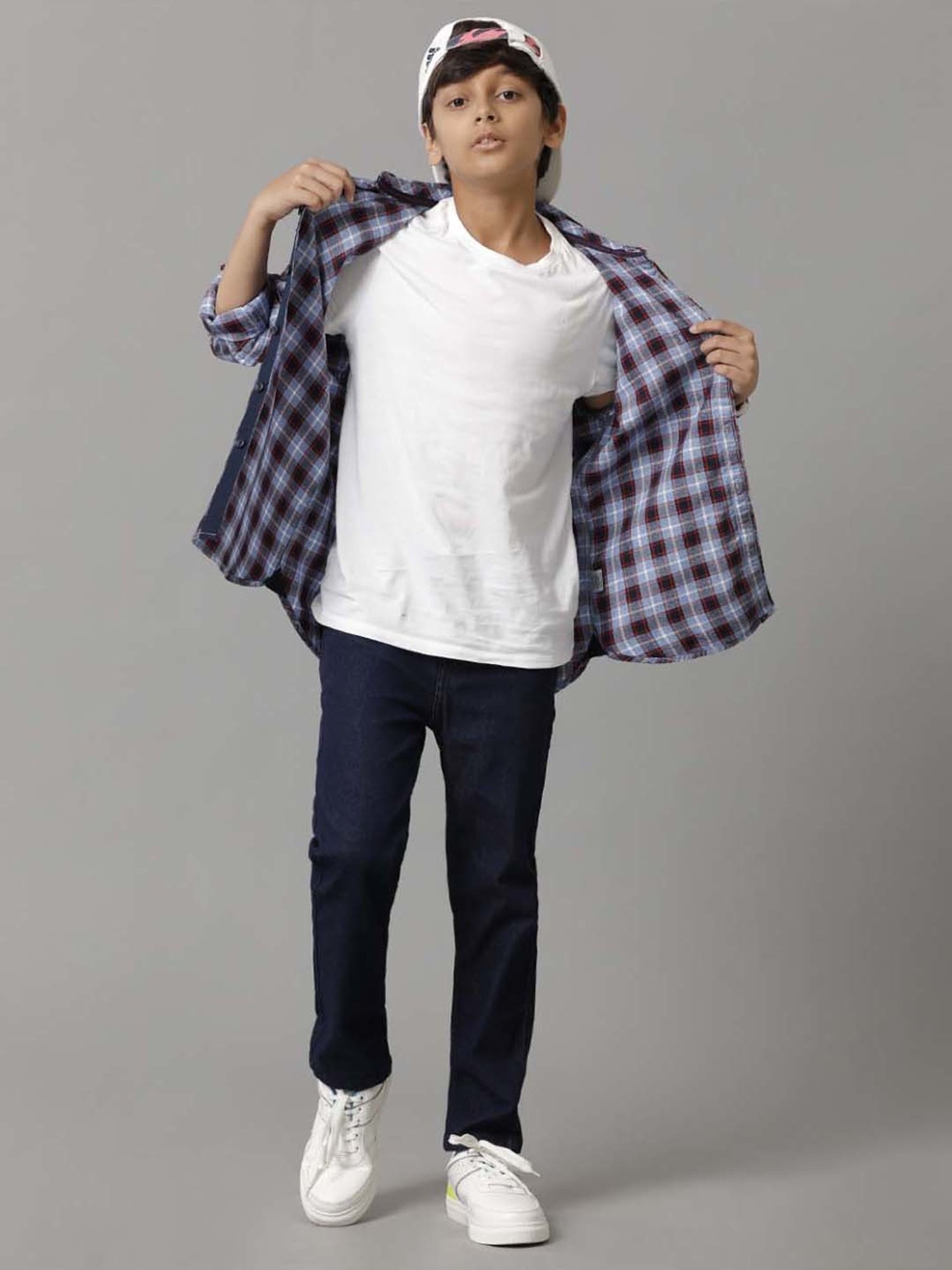 Under Fourteen Only Kids Navy Cotton Chequered Full Sleeves Shirt