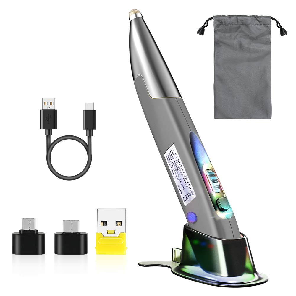 2.4G Wireless Optical Pen Mouse, Pocket Rechargeable Handwriting Mice with UCB-C & Micro-USB Adapter for Right and Left Hand 1600 DPI Ergonomic RGB Backlit Pen Mice for PC Notebook Mac