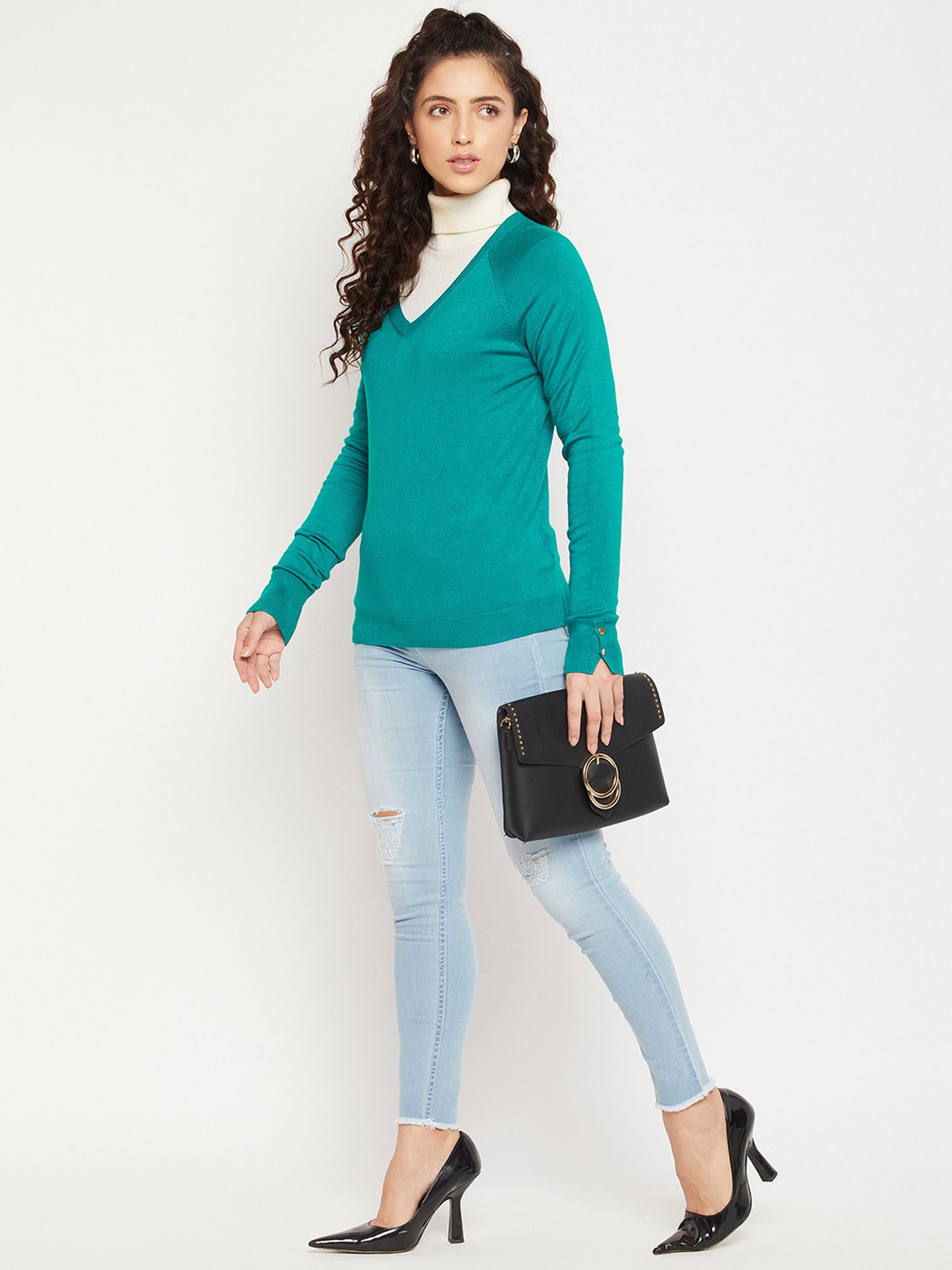 MADAME Teal Green V Neck Sweater
