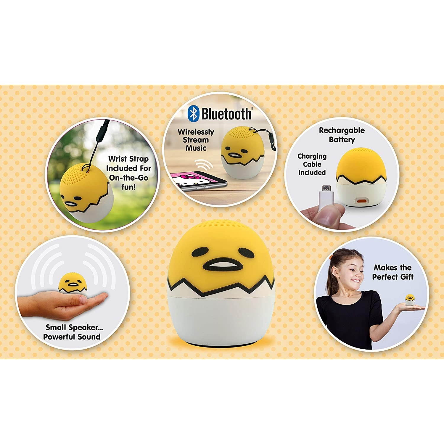 Gudetama The Lazy Egg Bluetooth Speaker Portable Wireless Small But Loud N Crystal Clear Mini Bluetooth Speakers for Home, Travel, Outdoor, Beach, Shower, Rechargeable, Compatible with iPhone Samsung