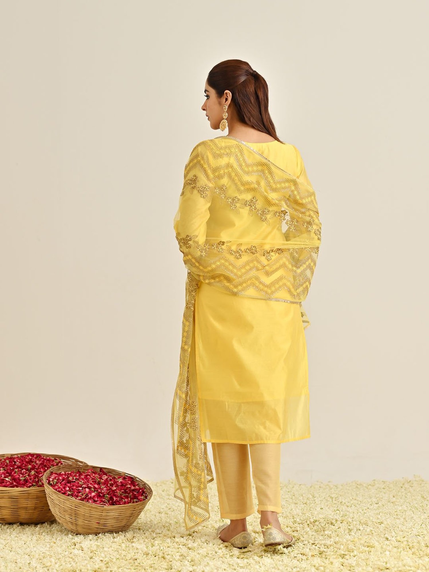 Rustorange Yellow Embroidered Kurta With Pant & Dupatta