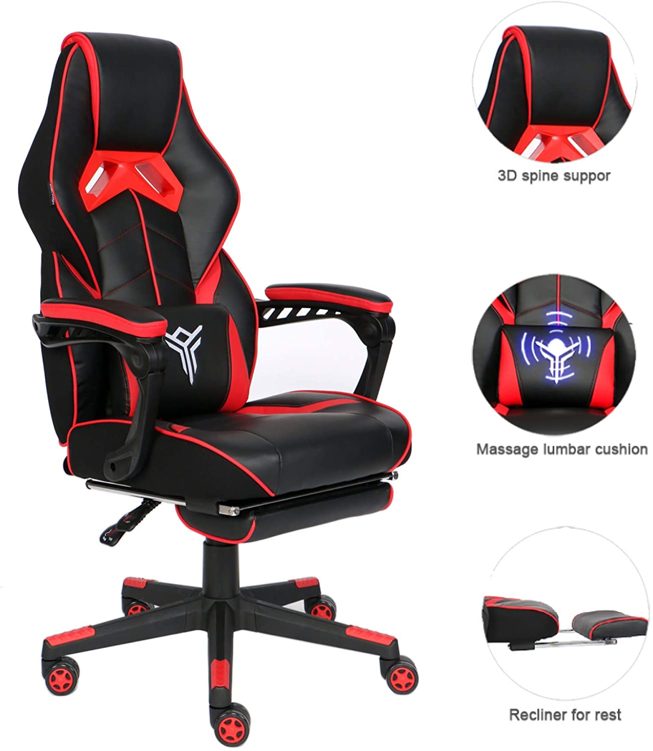 Racing Gaming Chair with Footrest and Massage Lumbar Pillow, Swivel Height Adjustable Reclining PU Leather Video Game Chair, E-Sports Gaming Chair Big and Tall