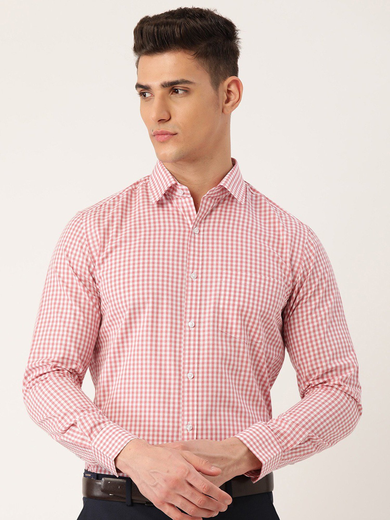 IVOC White & Pink Slim Fit Check Cotton Shirt