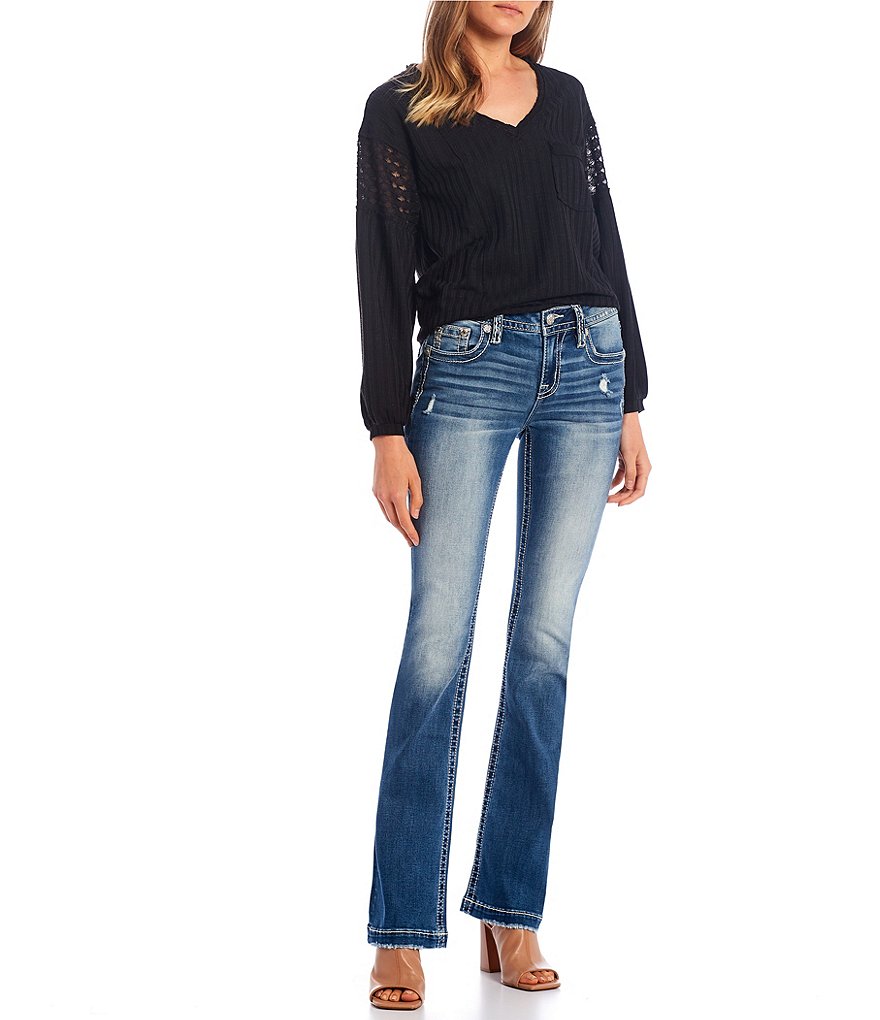 Miss Me Feather Embellished Flap Pocket Bootcut Jeans