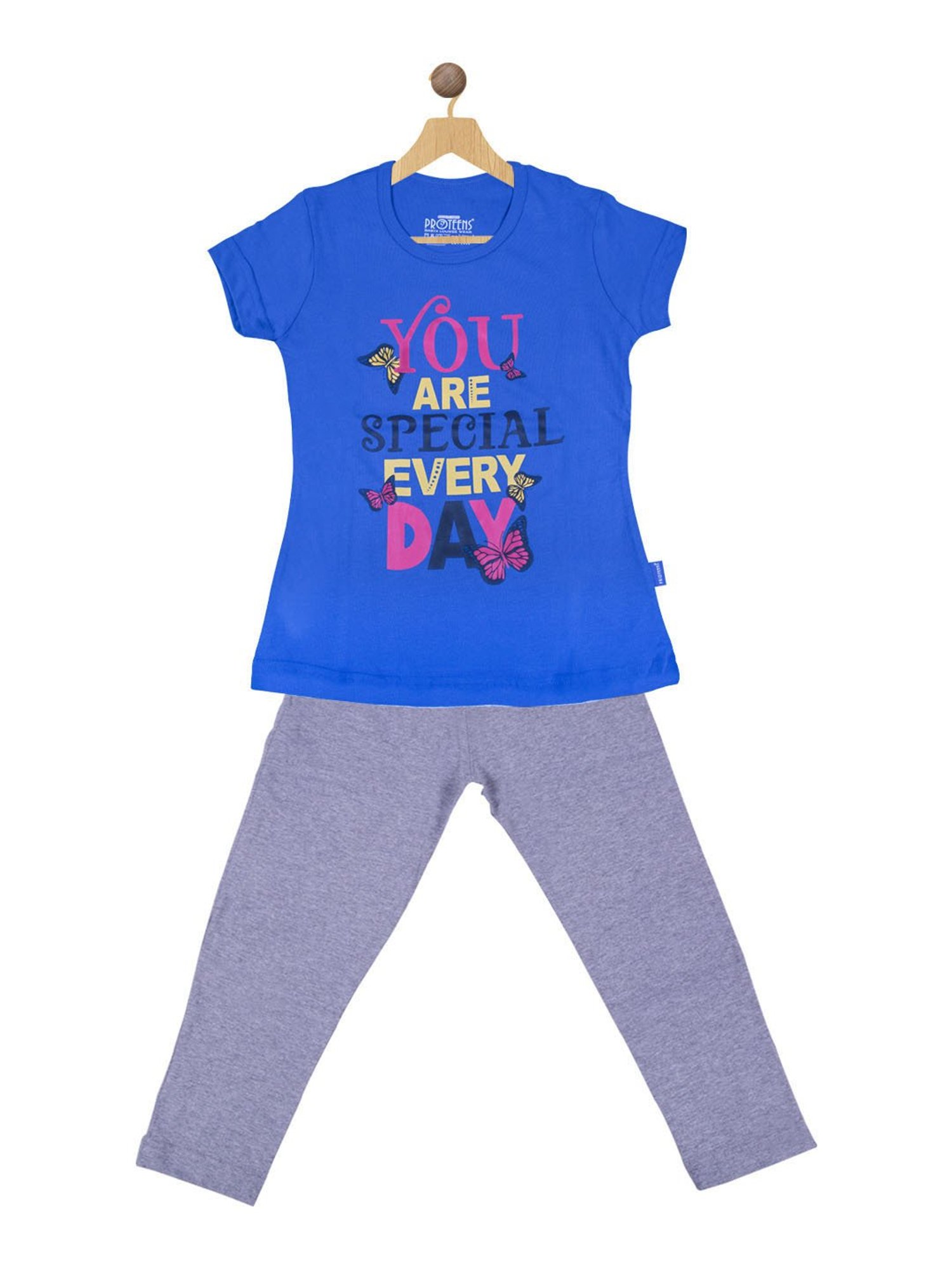 Proteens Girls Royal Blue & Grey Printed T-Shirt with Pants