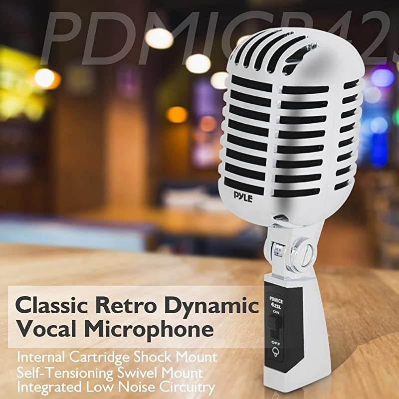 Classic Retro Dynamic Vocal Microphone - Old Vintage Style Unidirectional Cardioid Mic with XLR Cable - Universal Stand Compatible - Live Performance In Studio Recording -  PDMICR42SL (Silver)