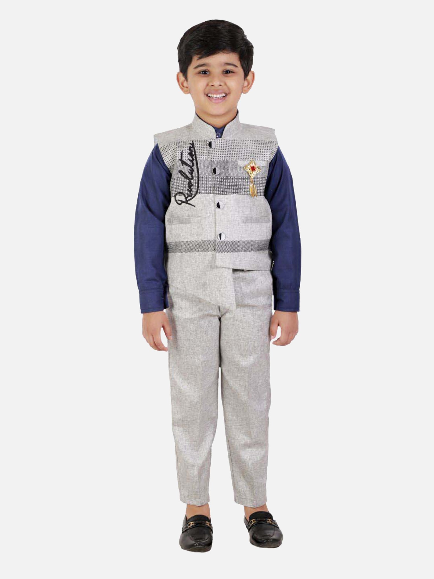 Fourfolds Boys Navy Blue Solid Full Sleeves Clothing Set