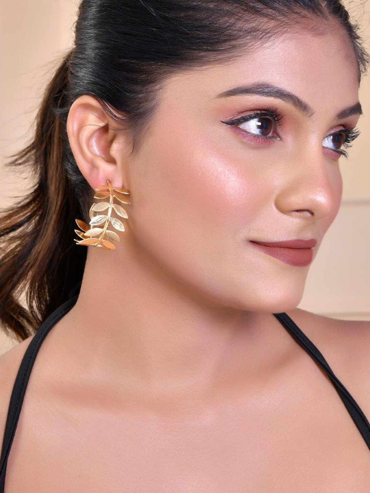 VOJ 1 Gram Gold Plated Leaf Shaped Hoop Earrings for Women