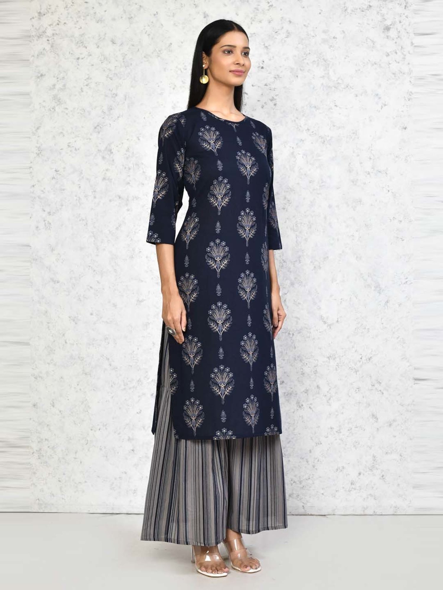Miravan Blue Cotton Printed Kurta Sharara Set