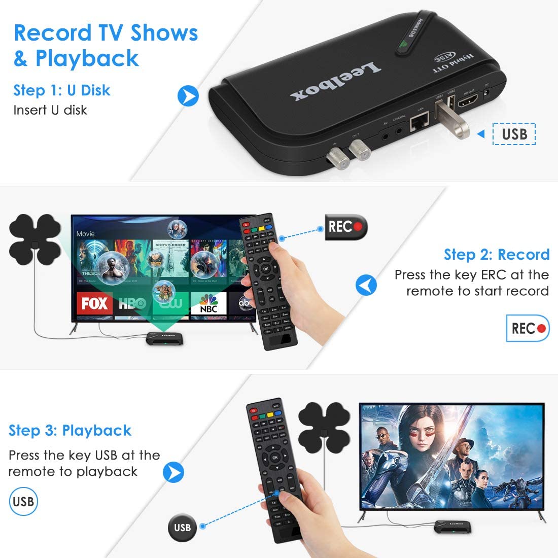 Leelbox Android TV box, 1080P ATSC converter box, recording PVR, USB multimedia playback, web browsing, support for 2.4G WiFi/3D/H.265 video decoding (gold version), black, LBX OTT-ATSC Q5 US