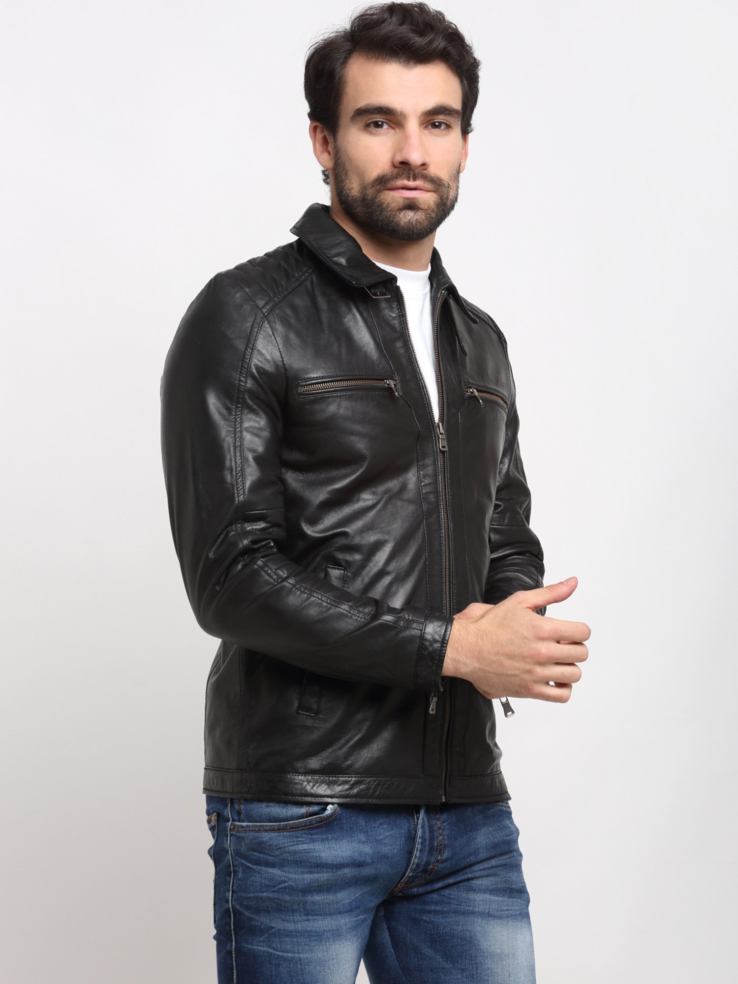 Teakwood Leathers Black Shirt Collar Leather Jacket