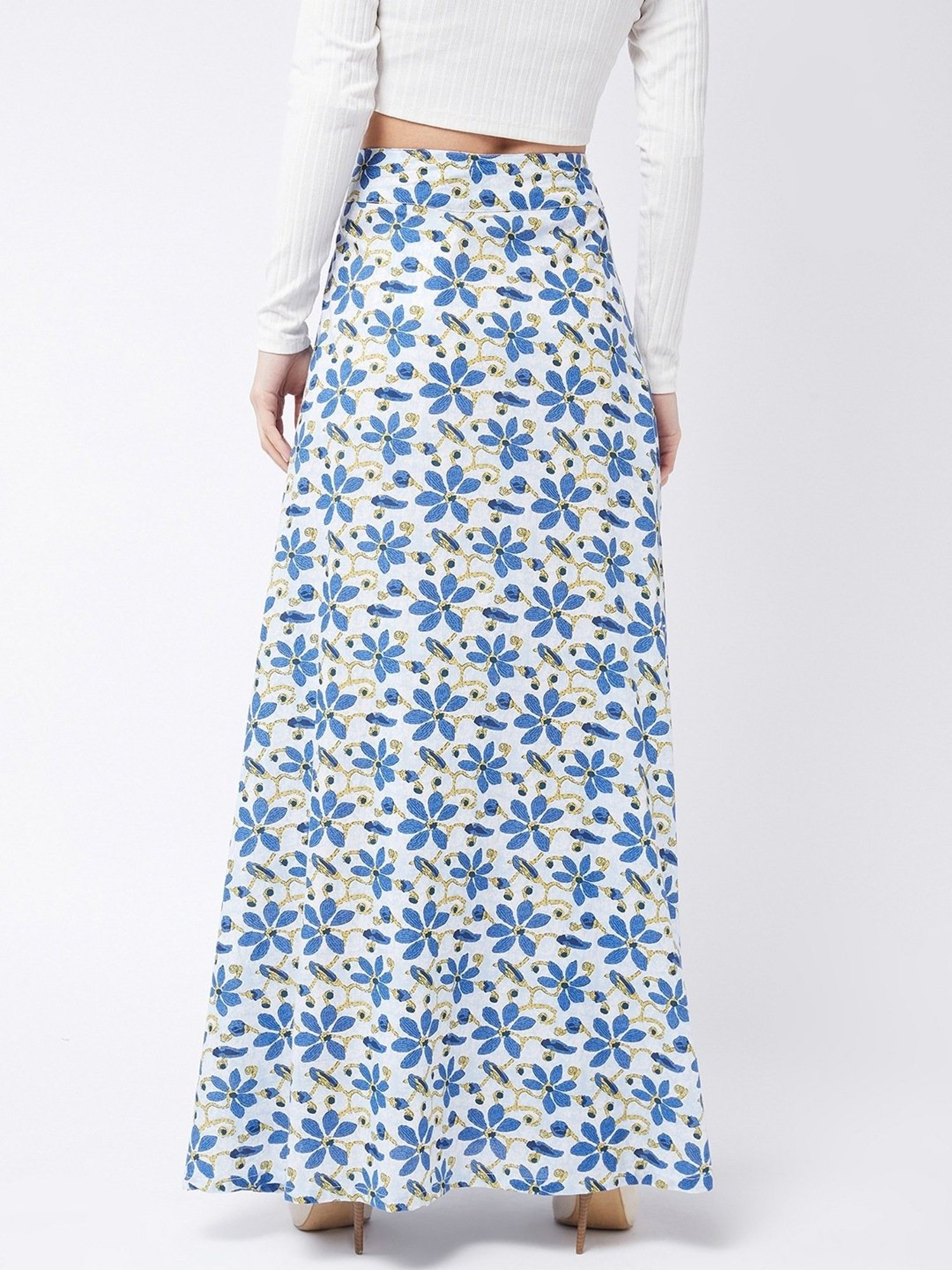 Inweave Blue & White Cotton Printed A-Line Skirt