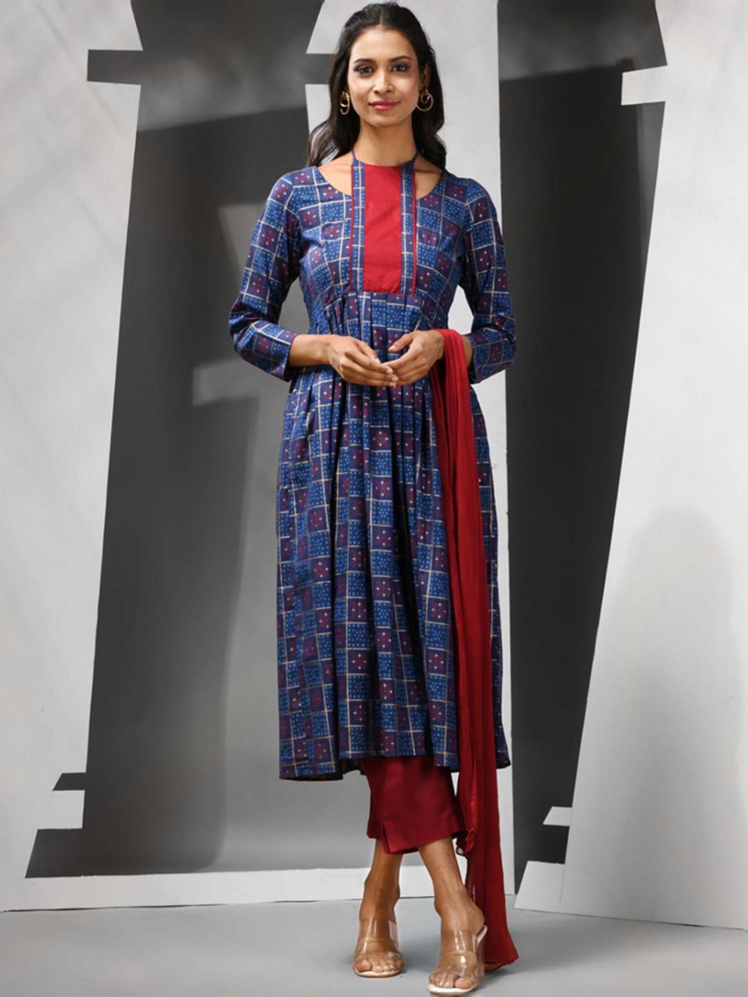 Charukriti Blue & Red Cotton Printed Kurta Pant Set With Dupatta