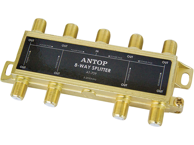 ANTOP Coaxial Splitter 8 Way 2GHz- 5-2050MHz - Low-loss RF Splitter for TV and Satellite - 18K Gold-plated chassis - All Port DC Power Passing