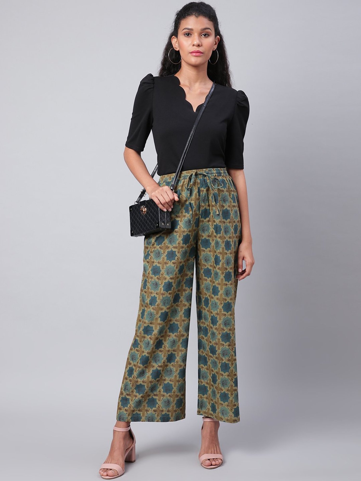 Sringam Green Cotton Printed Palazzos