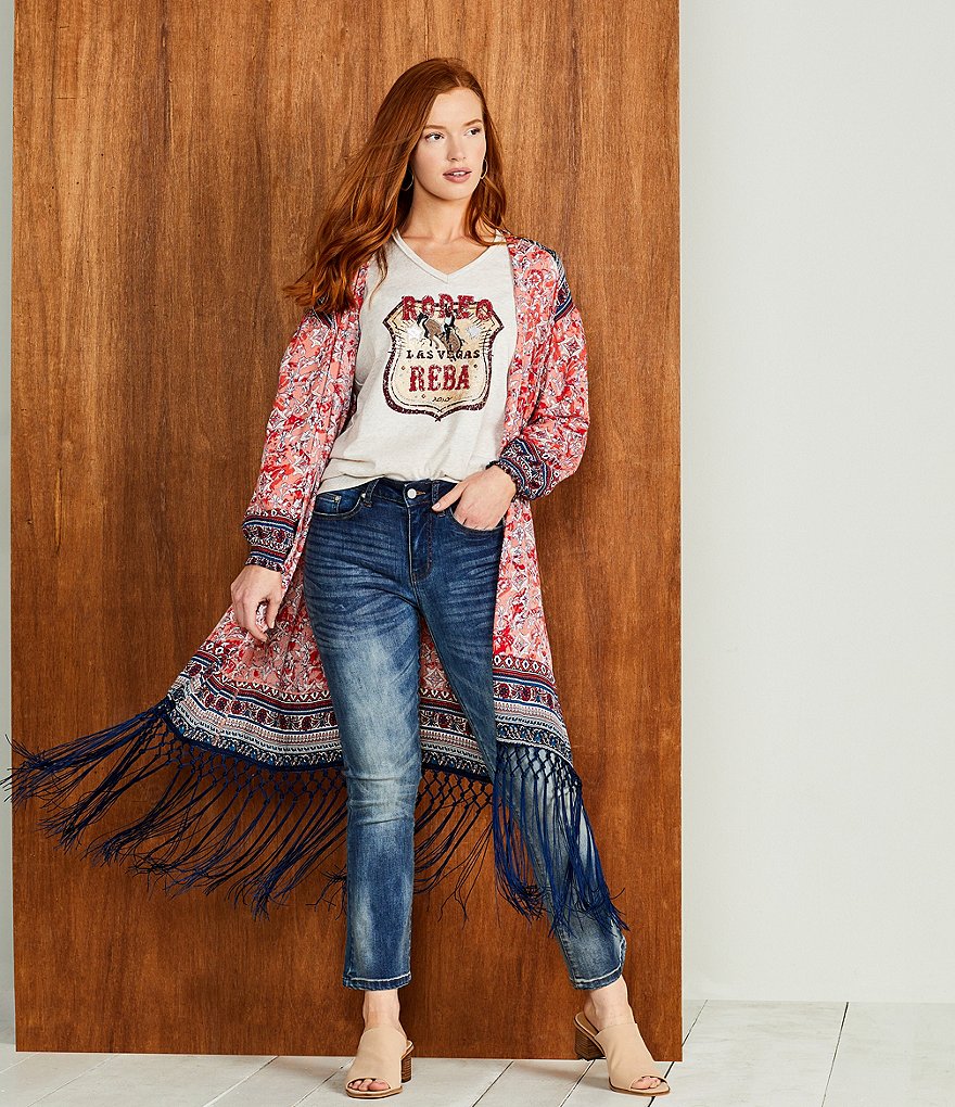 Reba 3/4 Billow Sleeve Fringe Border Print Open Front Kimono