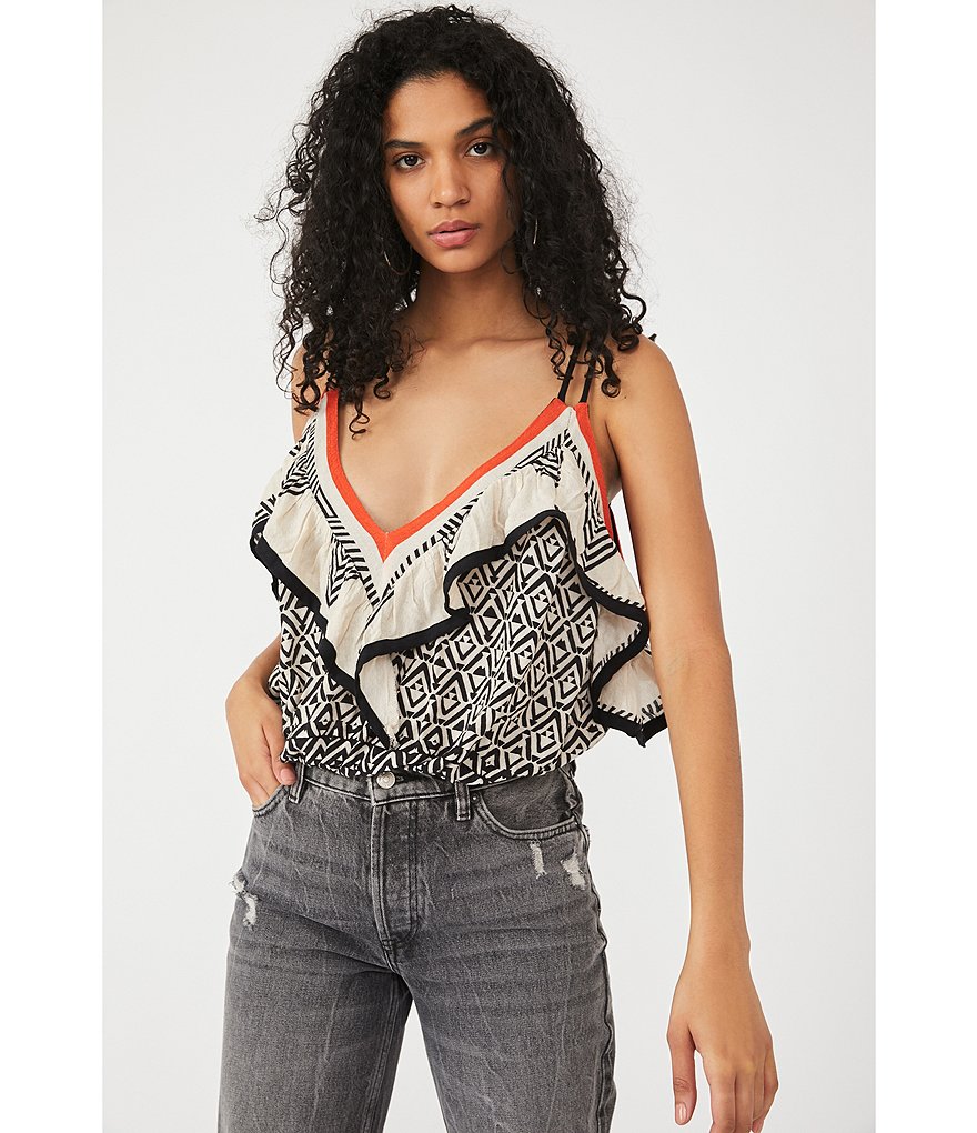 Free People Anika Geo Border Print Ruffle V-Neck Tank