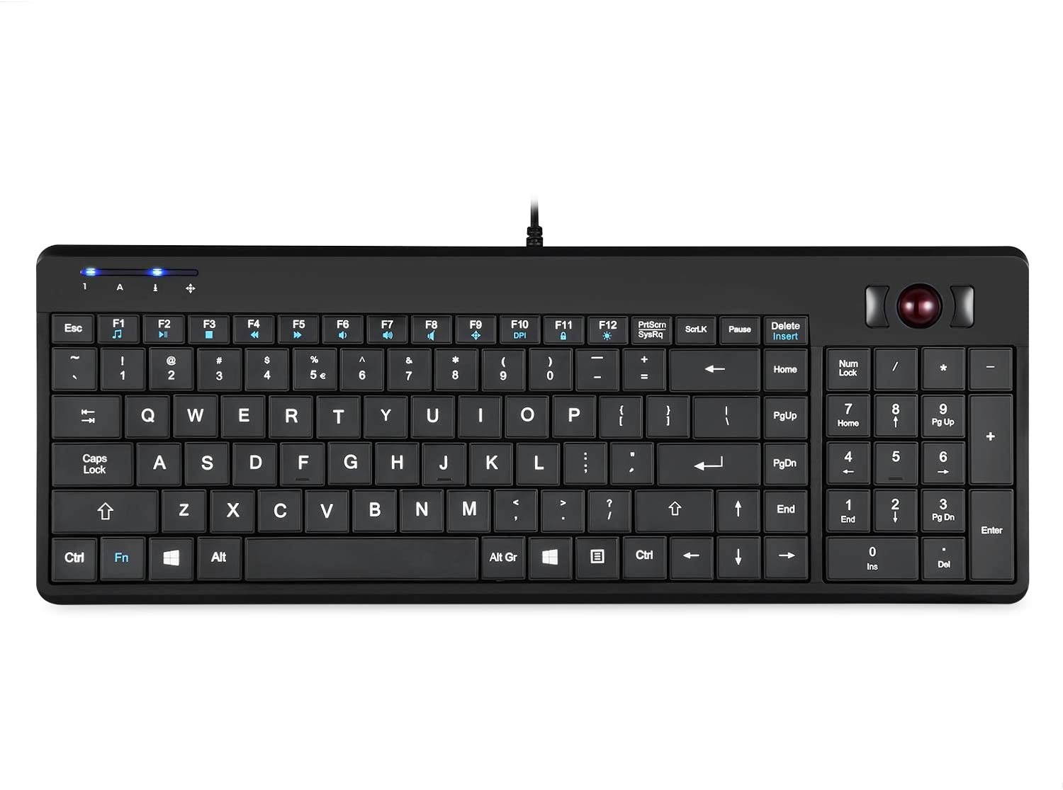 Perixx Periboard-320 Wired Backlit Trackball Keyboard with 2 Hubs, Compact Design with Numeric Keypad, Black, US English Layout (11494)