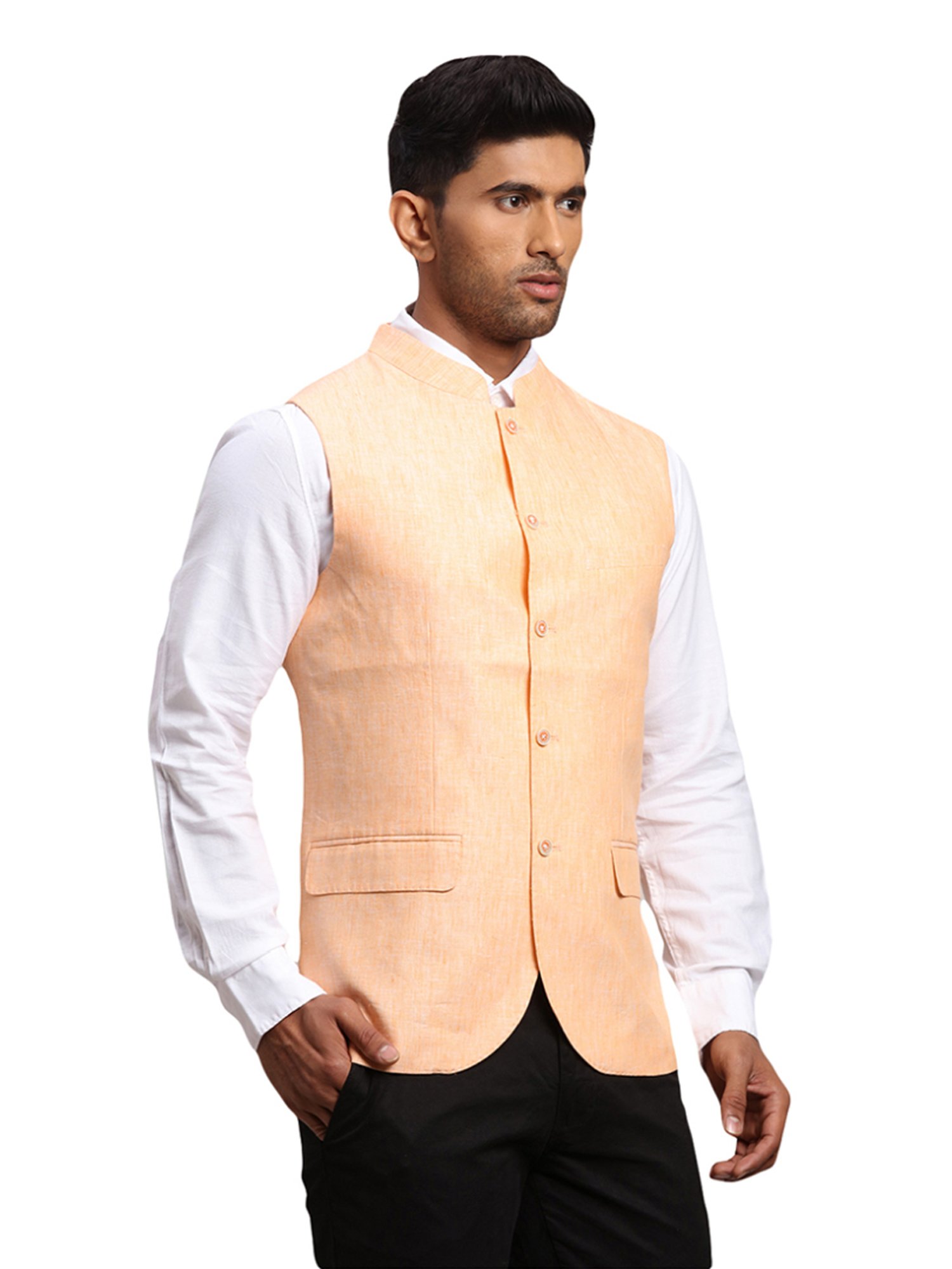 Parx Orange Linen Regular Fit Nehru Jacket