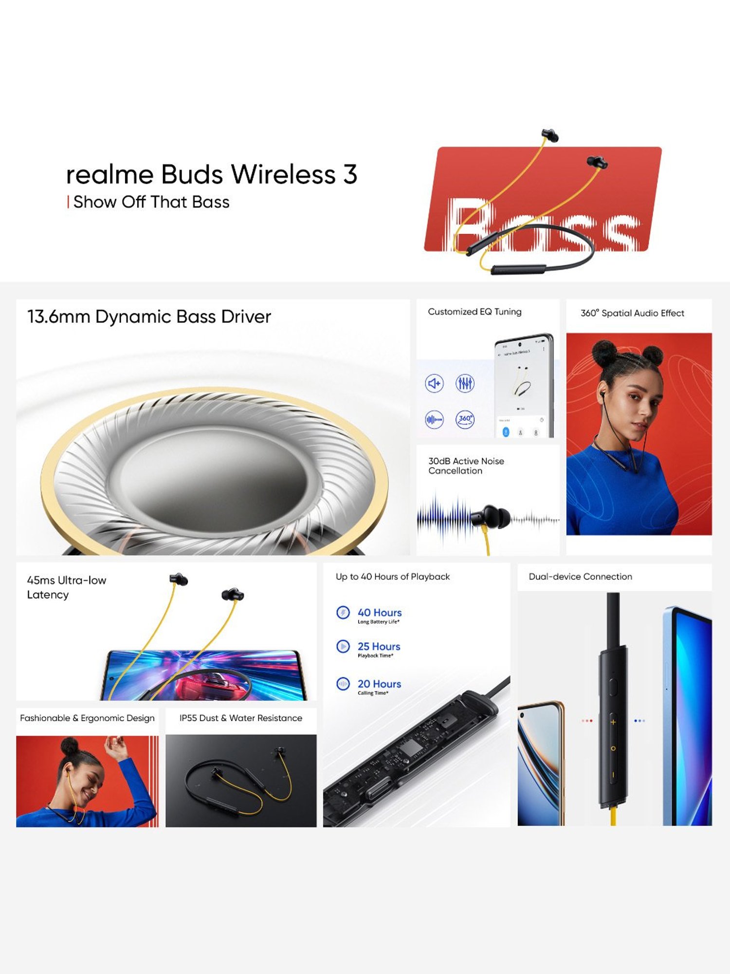 realme Buds Wireless 3 In Ear BT Neckband with 30dB ANC & upto 40Hrs Playback (Bass Yellow)