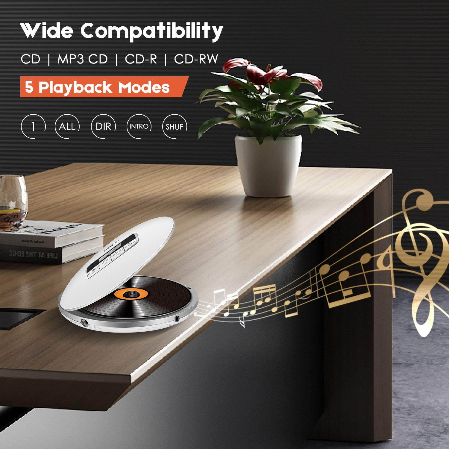 CD Player with Headphones, HOTT Personal CD Walkman Music Player with LCD Display, Skip Protection Shockproof Anti Scratch Function, Support CD, MP3 CD, CD-R, CD-RW Format - Black