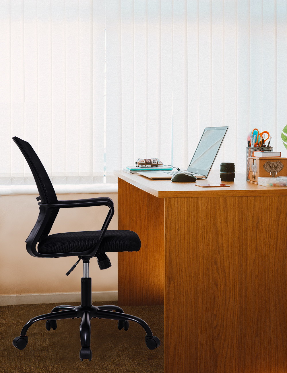 Office Chair Ergonomic Mid Back Swivel Mesh Chair with Armrest (Black)