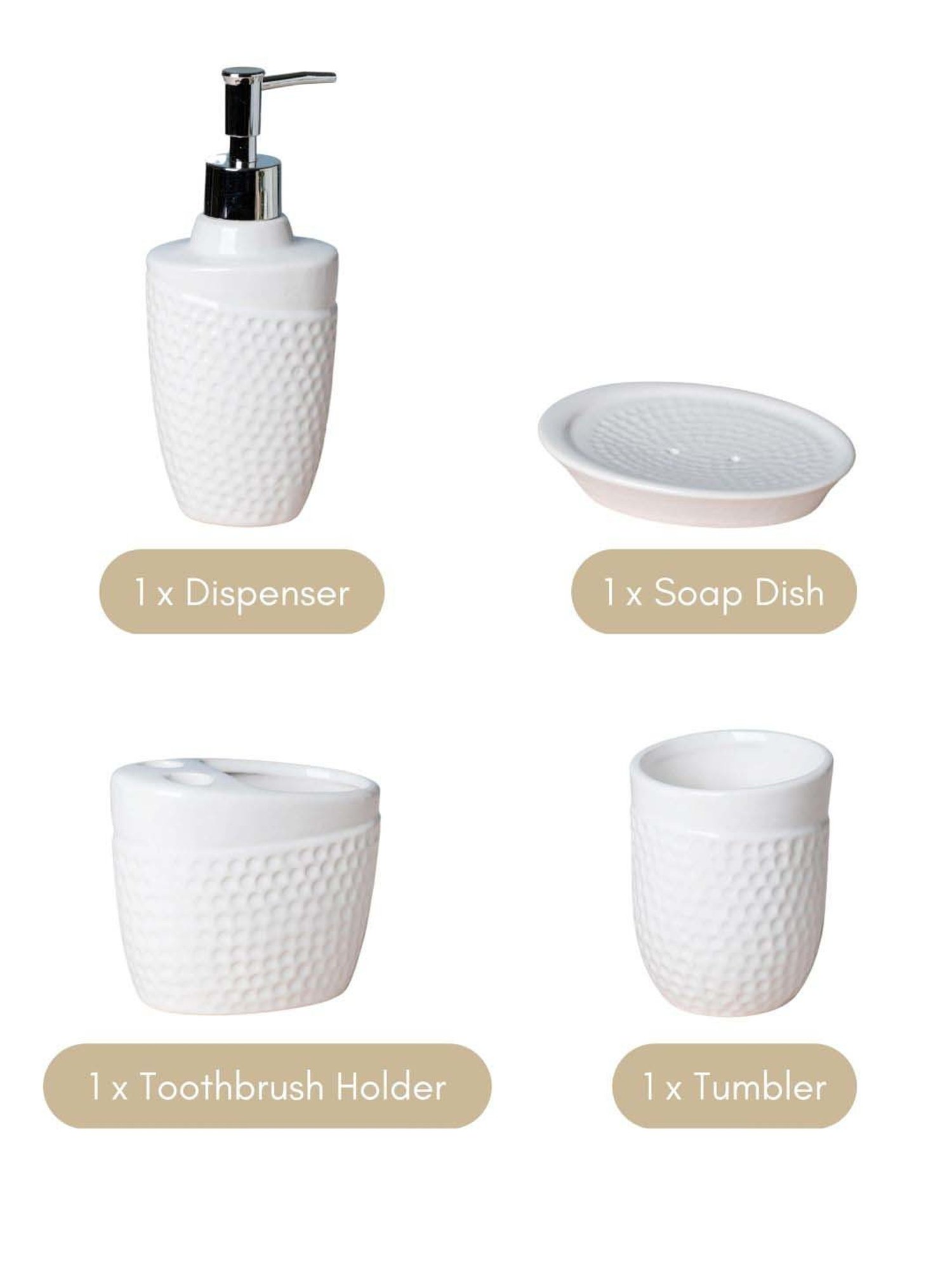 Nestasia dotted embossed White luxury ceramic bathroom complete set for wash basin (Set of 4)