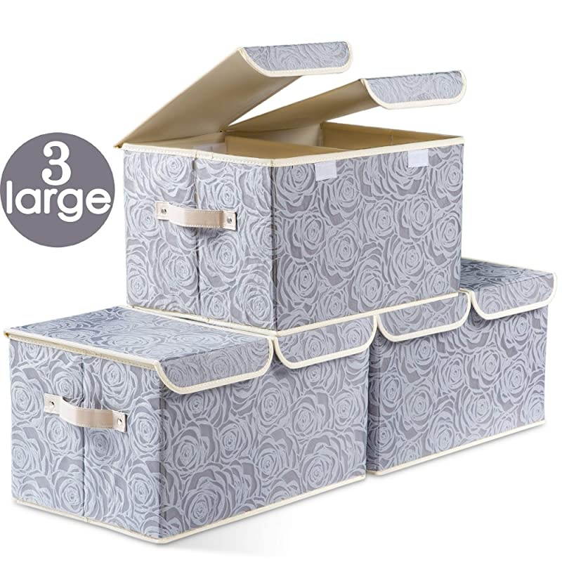 Large Foldable Storage Bins with Lids Fabric Decorative Storage Box Cubes Organizer Containers Baskets with Cover Handles Removable Divider for Home Bedroom Closet 17.3x11.8x9.8 Inch 3 Pack