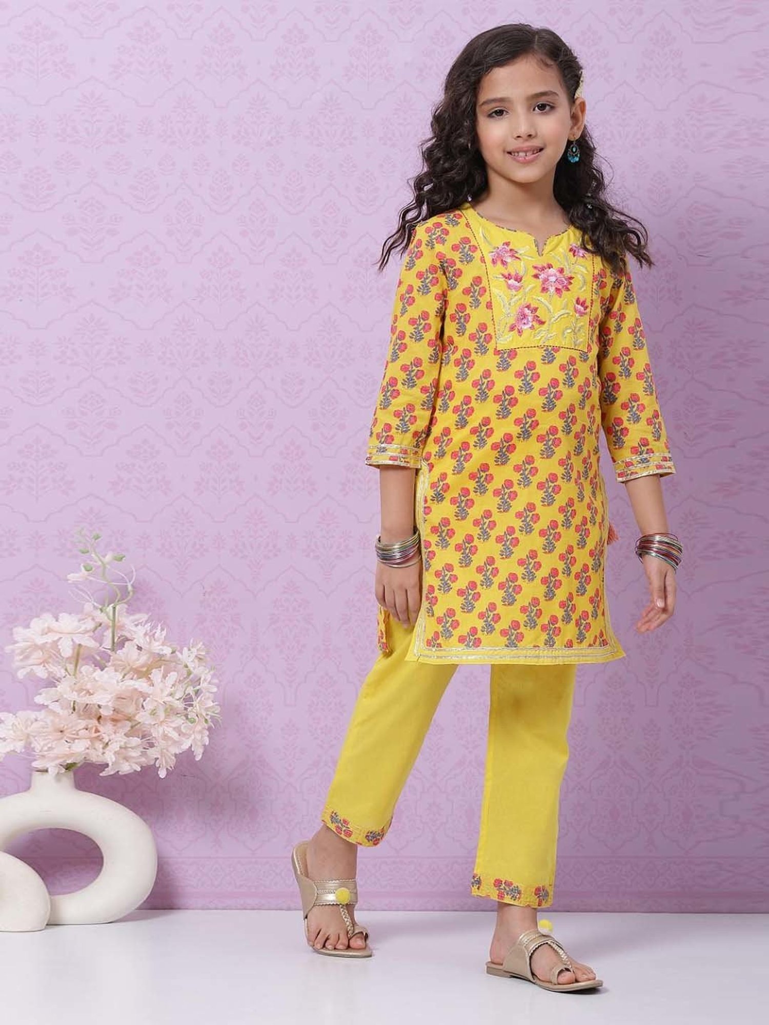 Biba Kids Yellow & Pink Cotton Floral Print Kurta Set