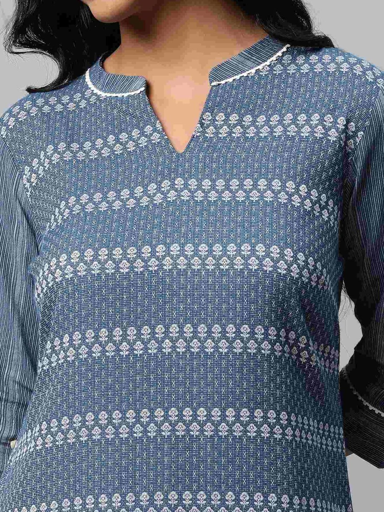 Aurelia Blue & Black Cotton Embroidered Kurta Pant Set