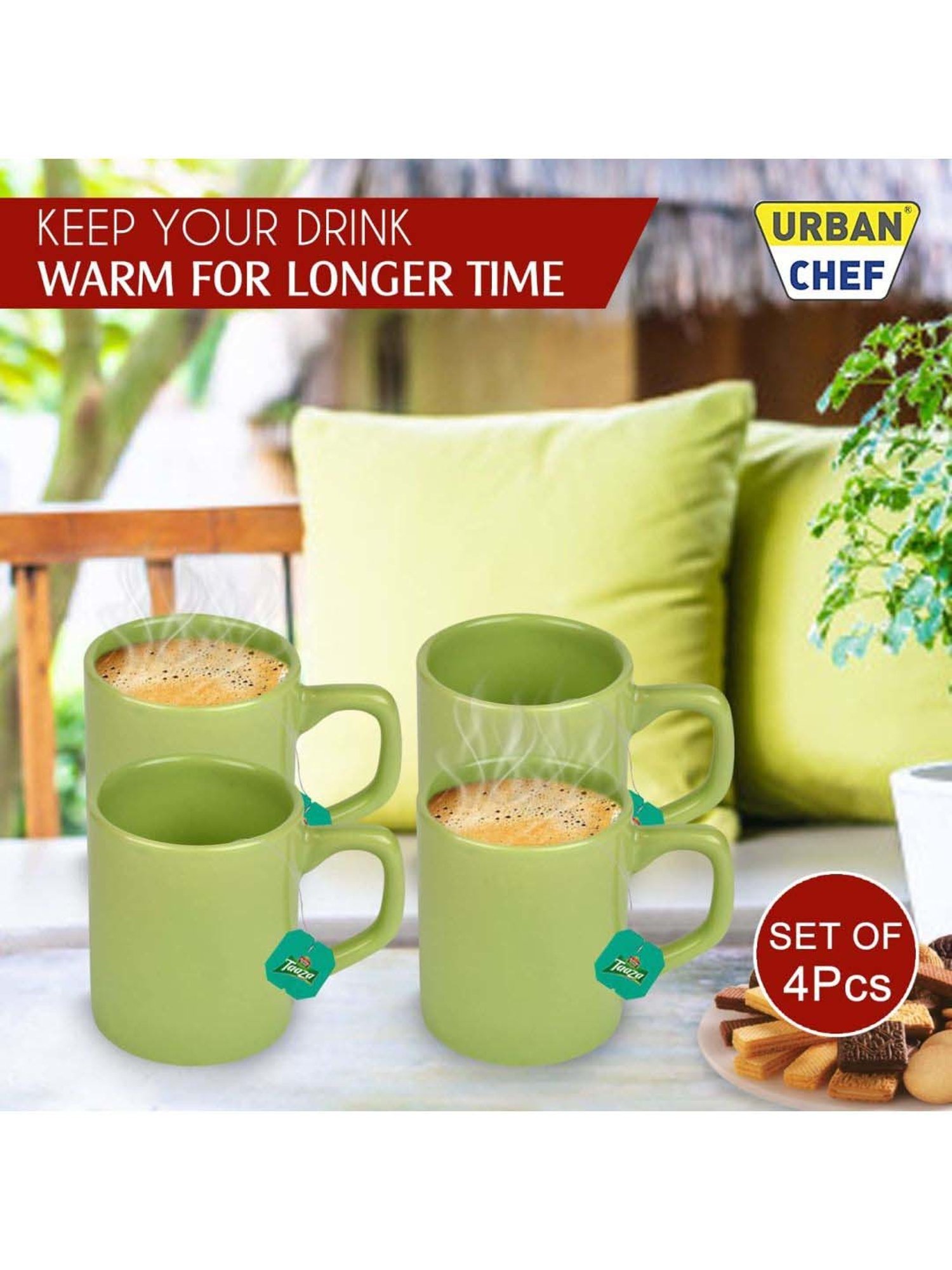 Urban Chef Parrot Green Ceramic Droite Handcrafted Microwave Safe Cup - Set of 4