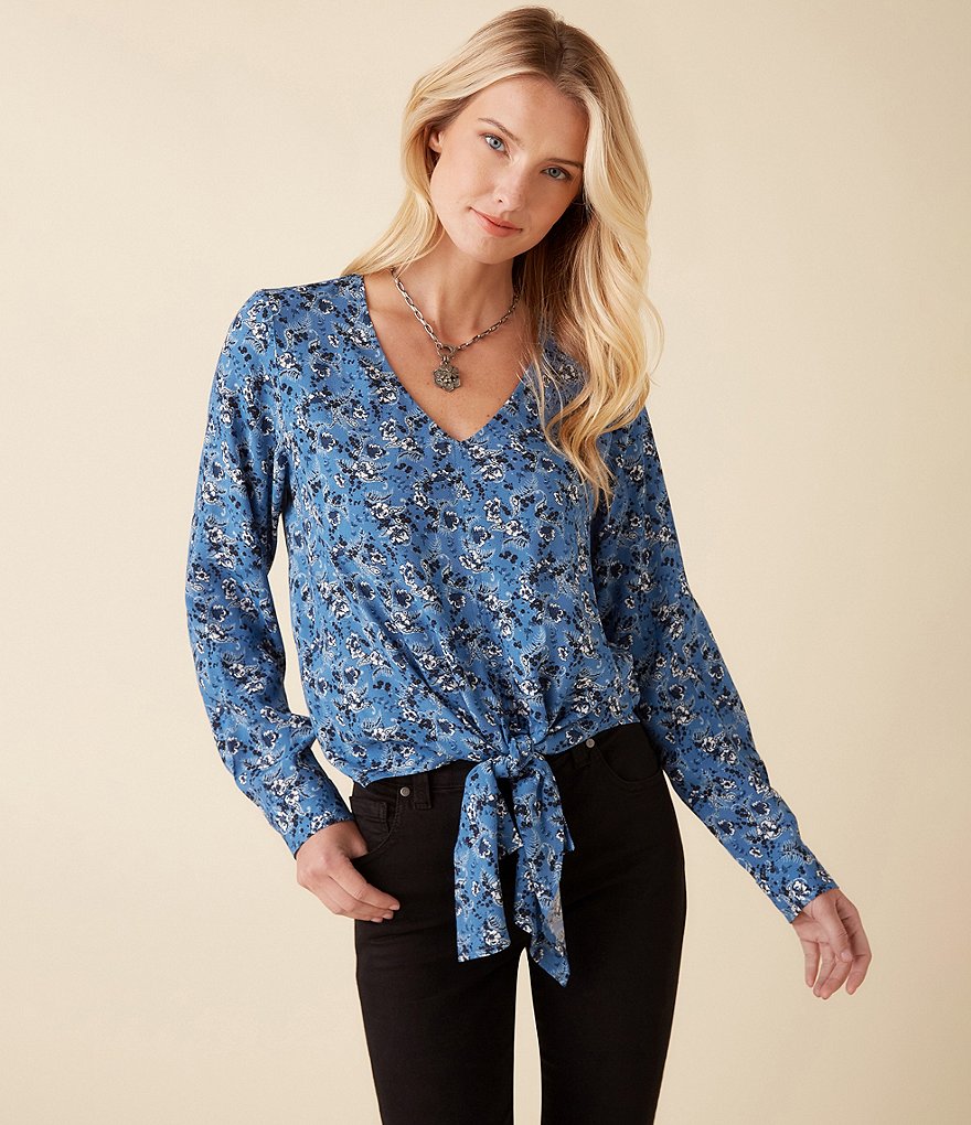 Karen Kane V-Neck Long Sleeve Printed Crepe Tie-Front Top
