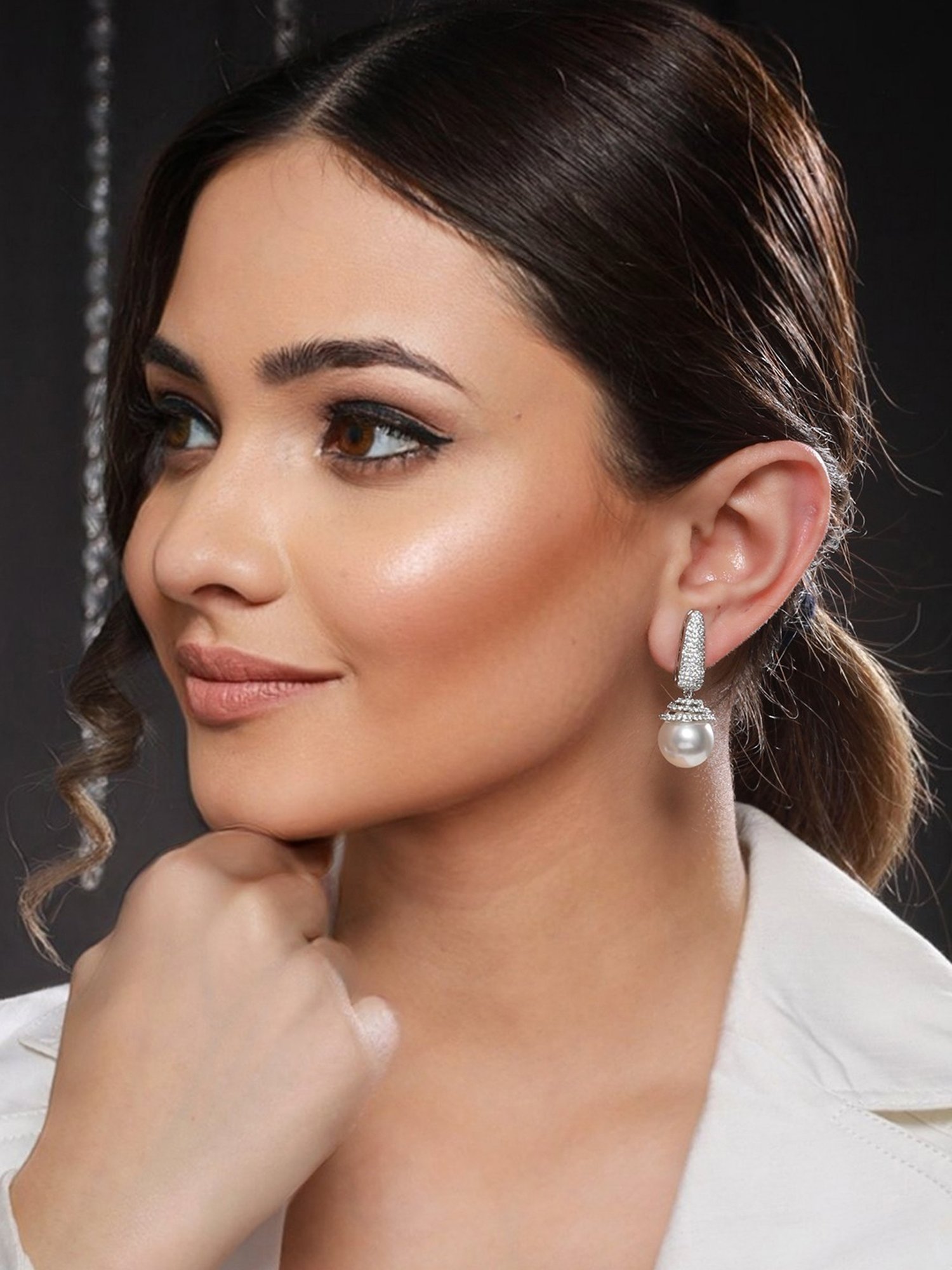 Saraf RS Jewellery Silver Pearl Statement Minimal Drop Earrings