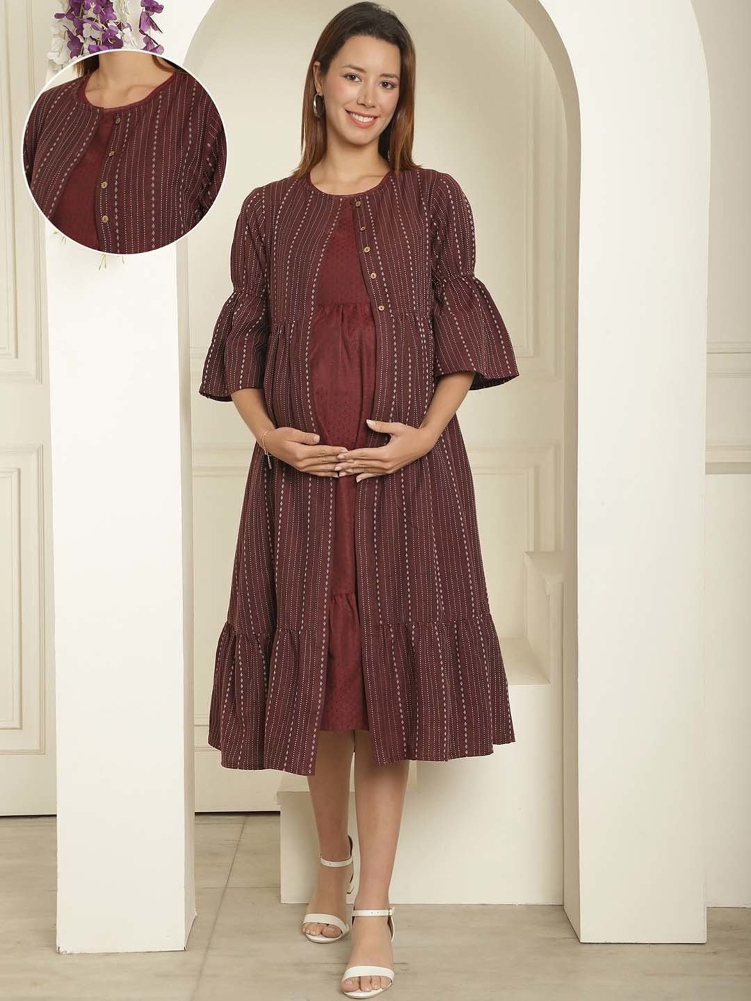 Moms Maternity Maroon Self Design Maternity Shrug