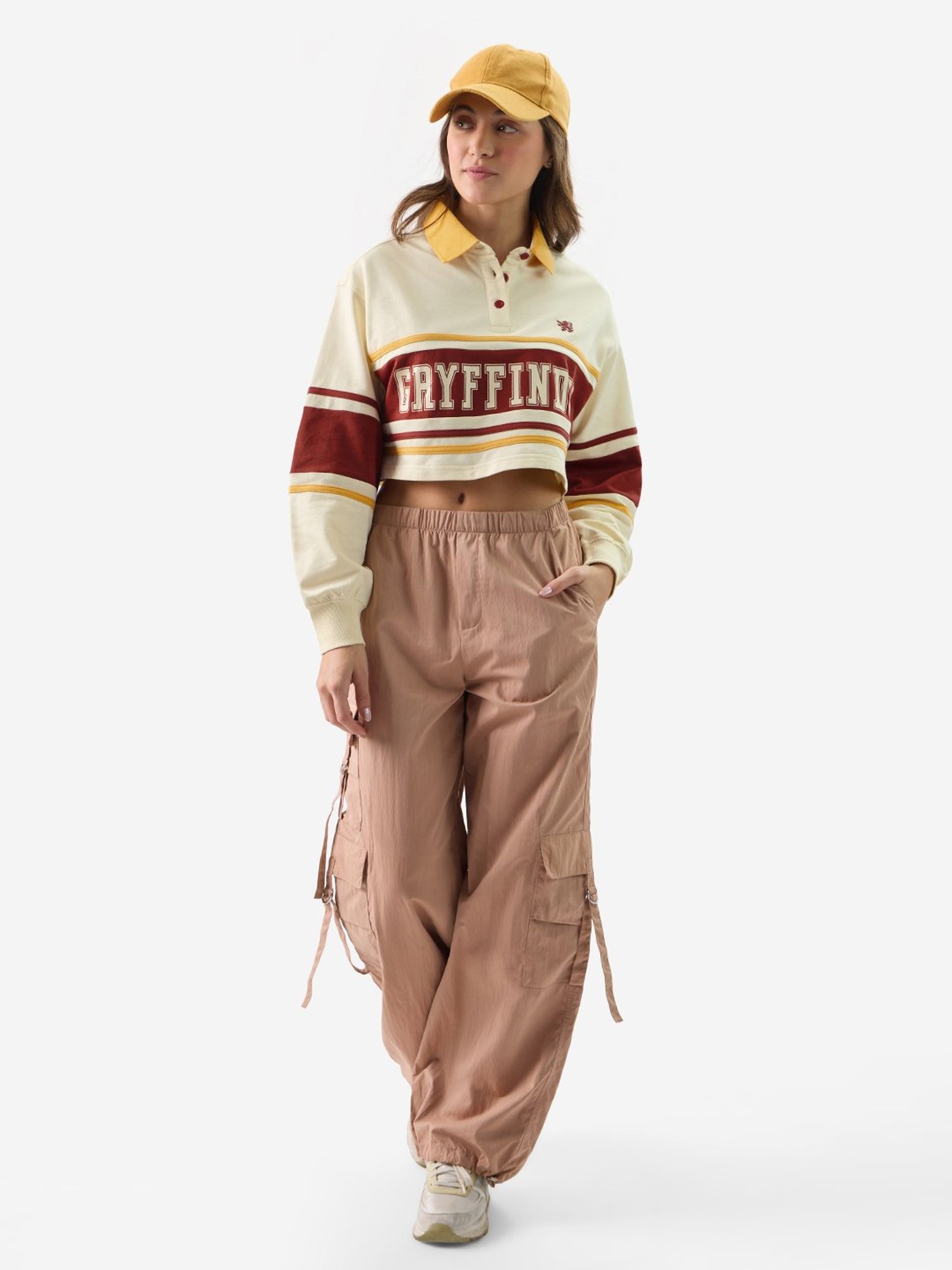 The Souled Store White & Brown Cotton Graphic Print Crop Sweatshirt