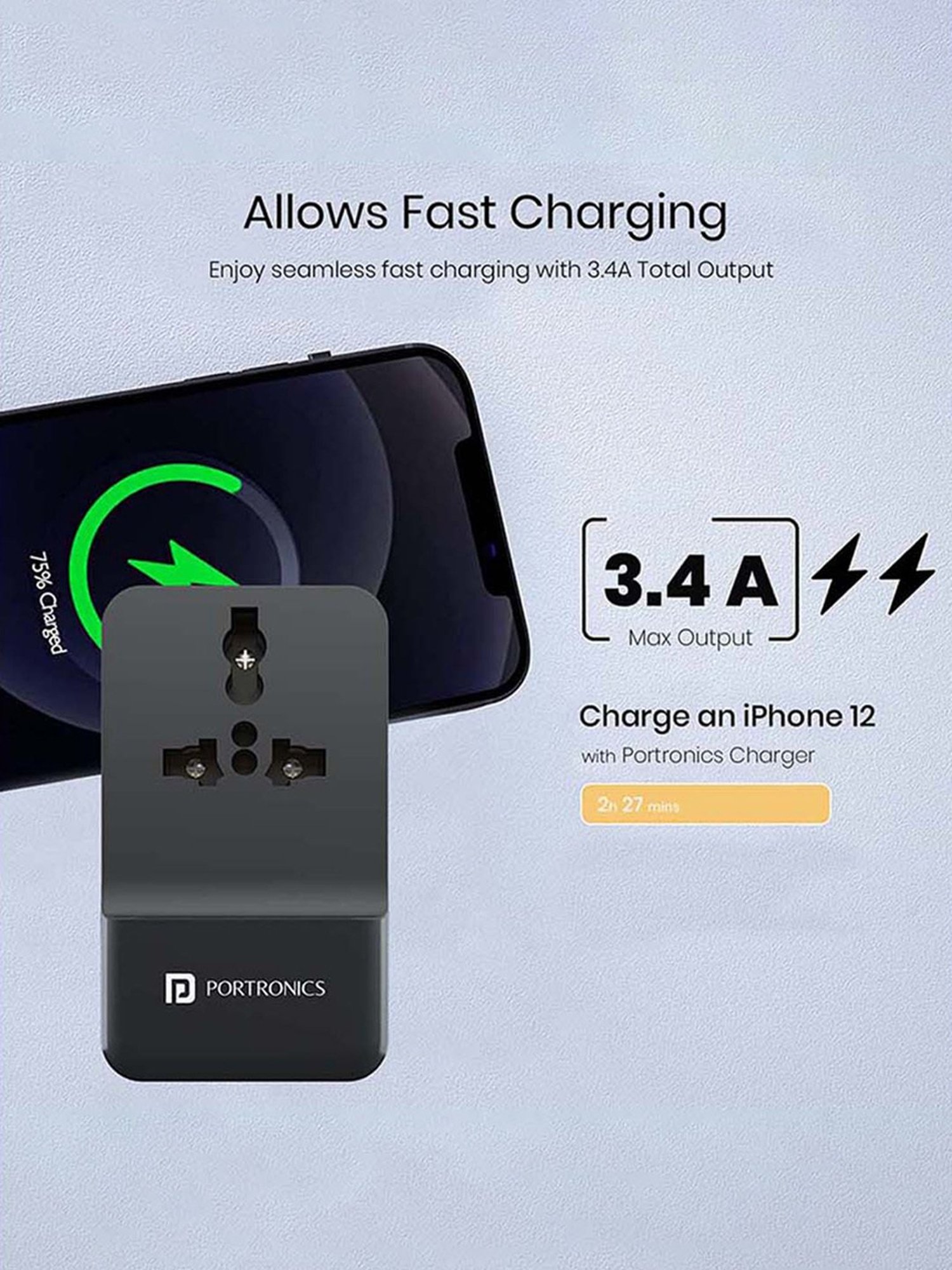 Portronics Adapto III POR-1362 Adapter with Dual USB Port and AC Socket (Black)