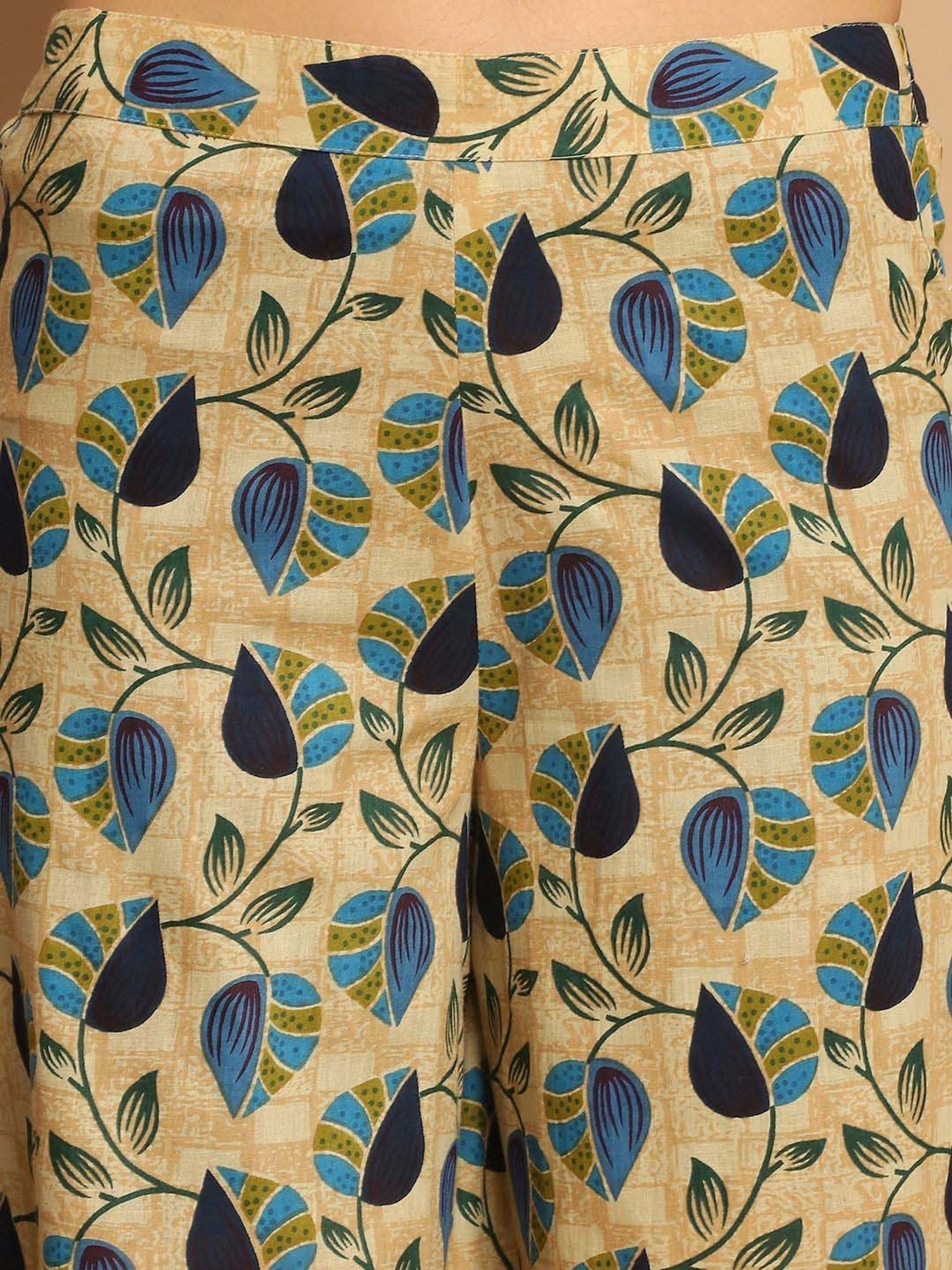 Jompers Beige Cotton Printed Kurta Palazzo Set With Dupatta