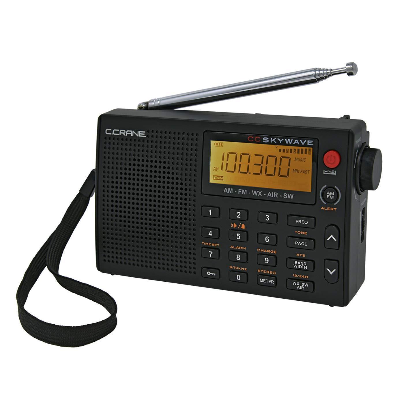 c crane cc skywave am, fm, shortwave, weather and airband portable travel radio with clock and alarm